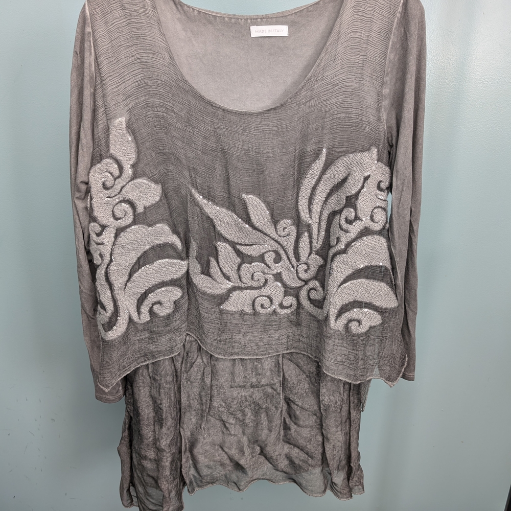 Chic Gray Women's Silk And Cotton Tunic with Sequined Embroidery